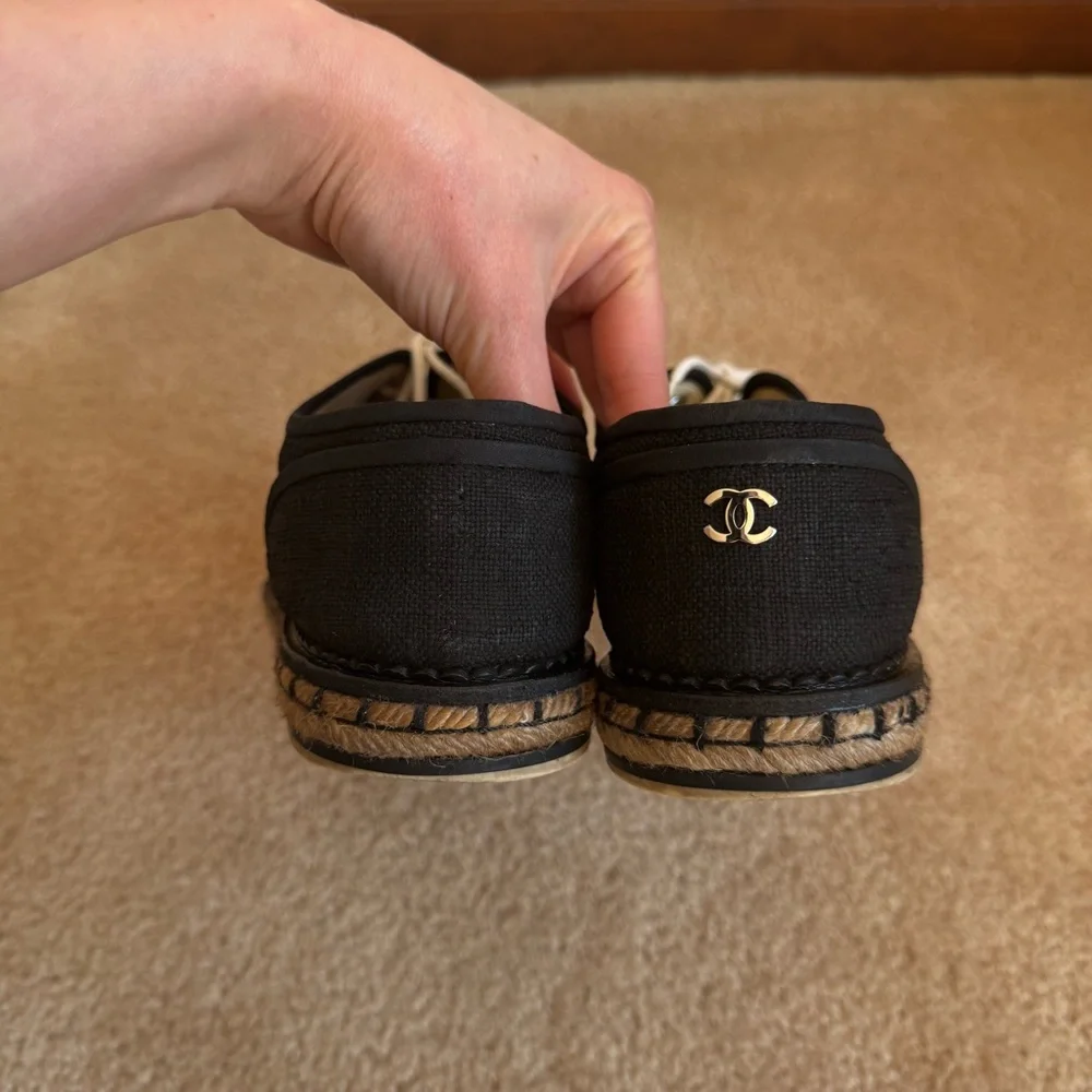 Chanel Lace Up Cotton Loafers Espadrilles 41 Black White